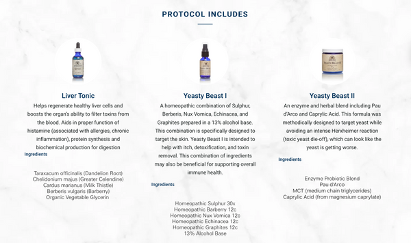 Adored Beast Yeasty Beast Protocol: Image showcasing the components of the protocol, including herbs and homeopathic remedies for addressing dog yeast issues.