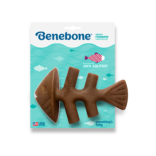 Benebone Fishbone: Image of the Fishbone chew toy, featuring its unique curved design and real fish flavour.
