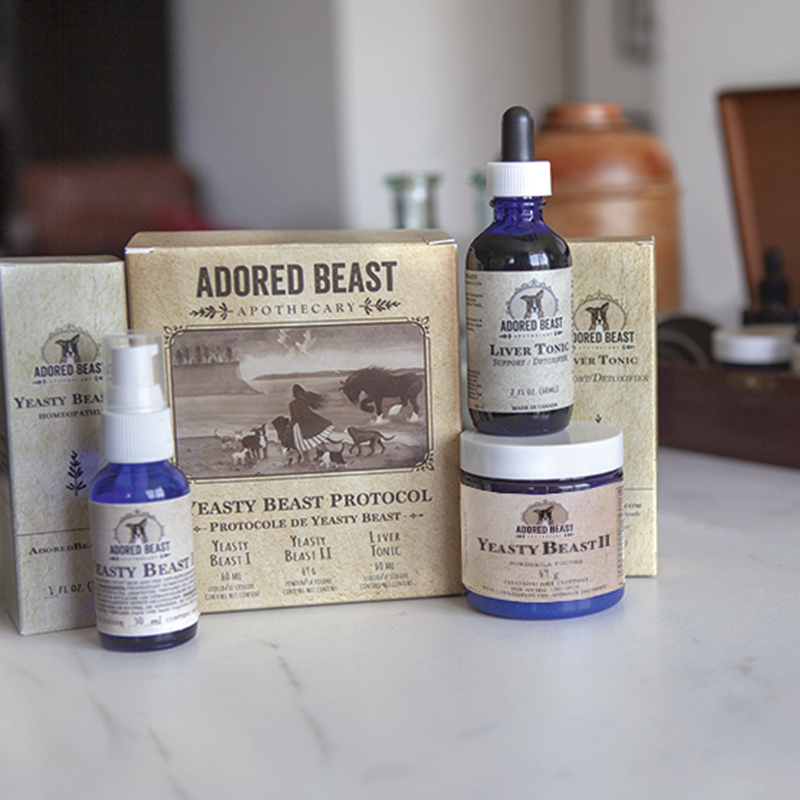 Adored Beast Yeasty Beast Protocol: Product bundle featuring yeast-fighting remedies for dogs, promoting gentle and effective relief.