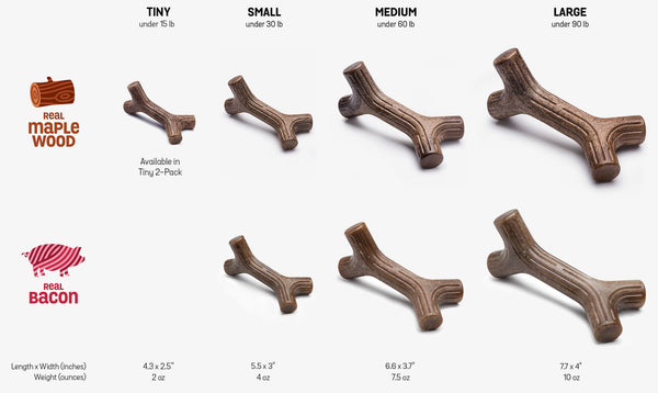 Benebone Maple & Bacon Sticks: Size chart illustrating the different sizes available for the chew sticks, ensuring the perfect fit for dogs of all sizes.